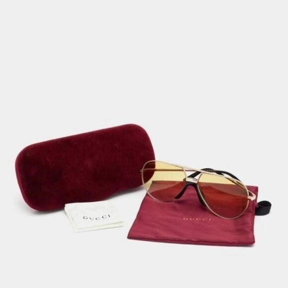 New Original Gucci Gold Tone/Yellow Gradient GG0432S Aviator Sunglasses - Picture 6 of 13